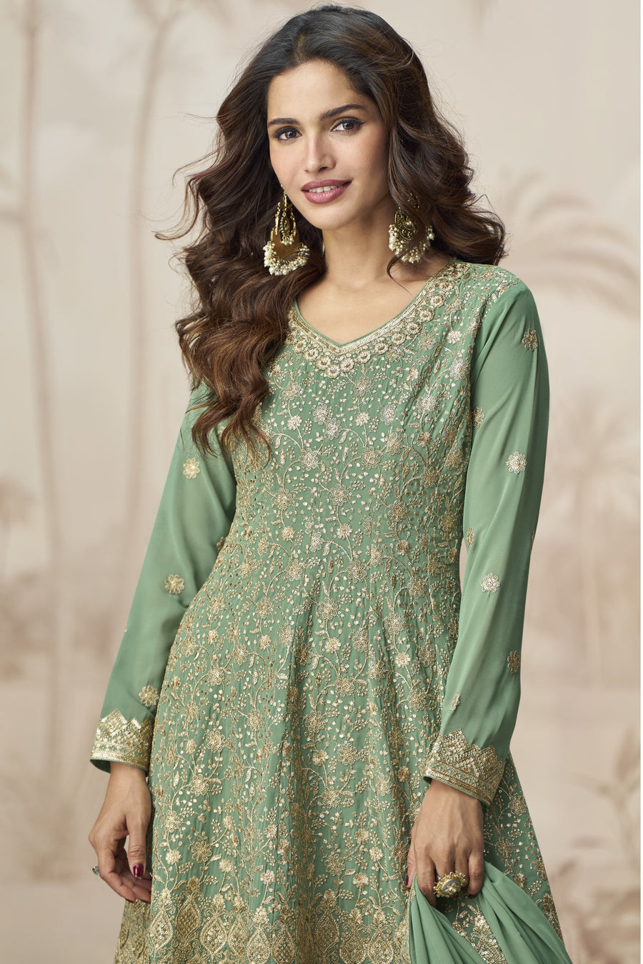 Light Green Georgette Palazzo Suit For Indian & Pakistani Wedding Festival - Embroidery Work