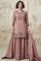 Rose Gold Organza Silk Palazzo Suit For Indian Wedding & Pakistani Festival - Embroidery Work