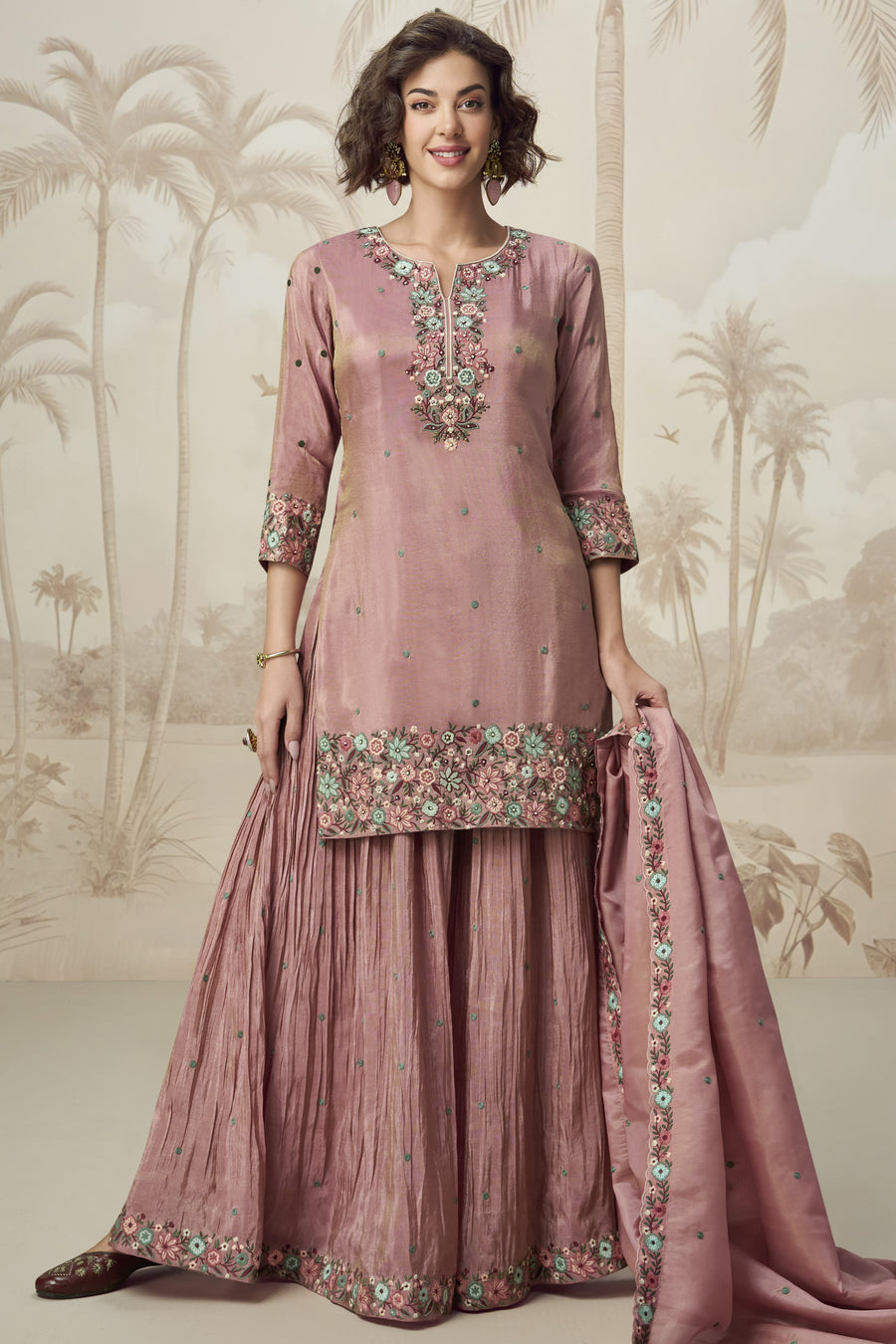 Rose Gold Organza Silk Palazzo Suit For Indian Wedding & Pakistani Festival - Embroidery Work
