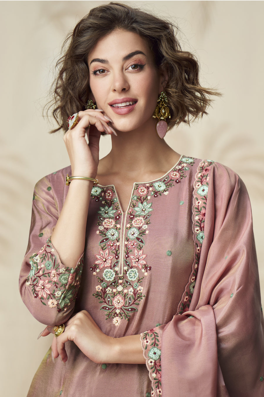Rose Gold Organza Silk Palazzo Suit For Indian Wedding & Pakistani Festival - Embroidery Work
