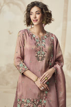 Rose Gold Organza Silk Palazzo Suit For Indian Wedding & Pakistani Festival - Embroidery Work