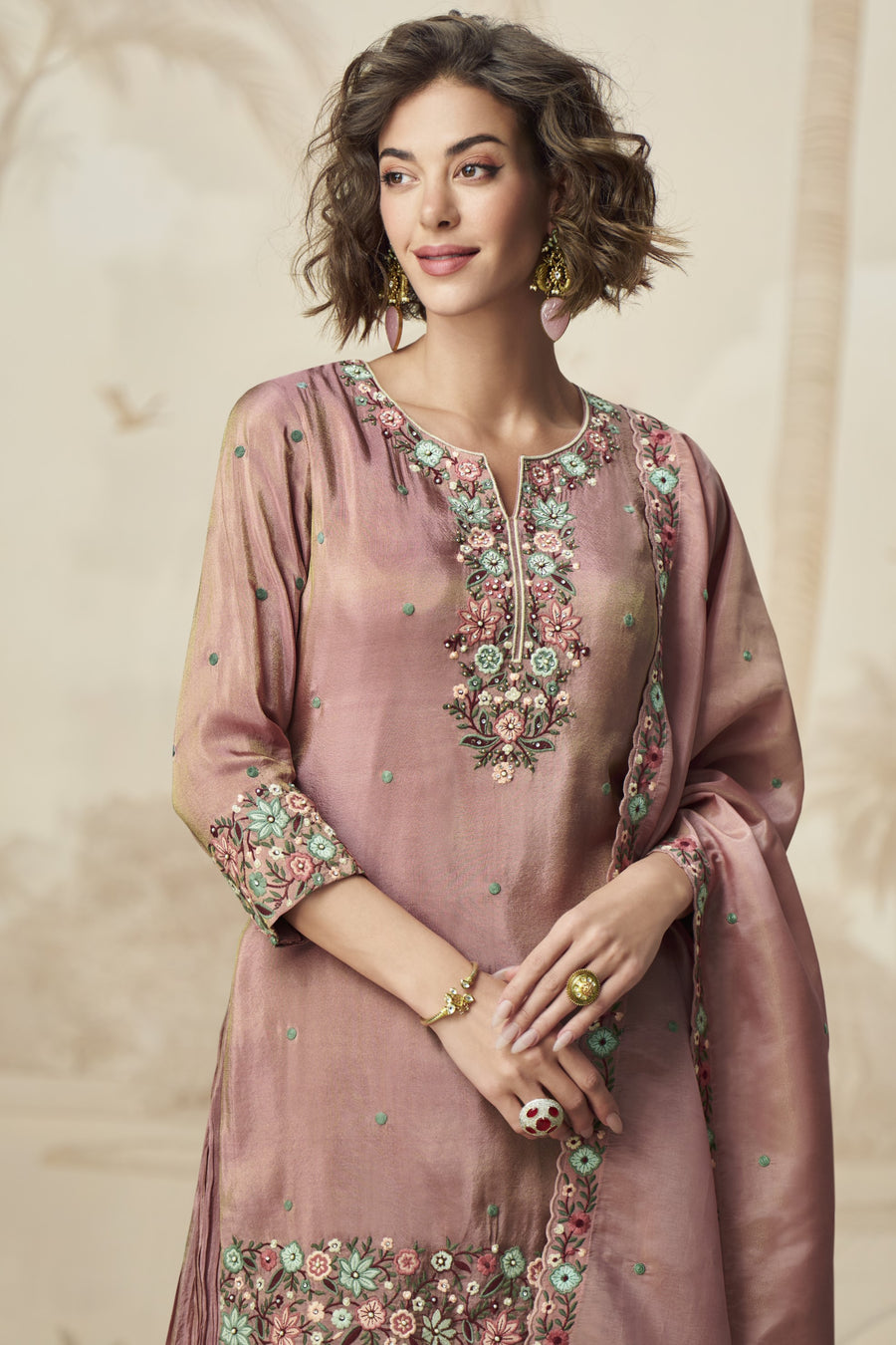 Rose Gold Organza Silk Palazzo Suit For Indian Wedding & Pakistani Festival - Embroidery Work