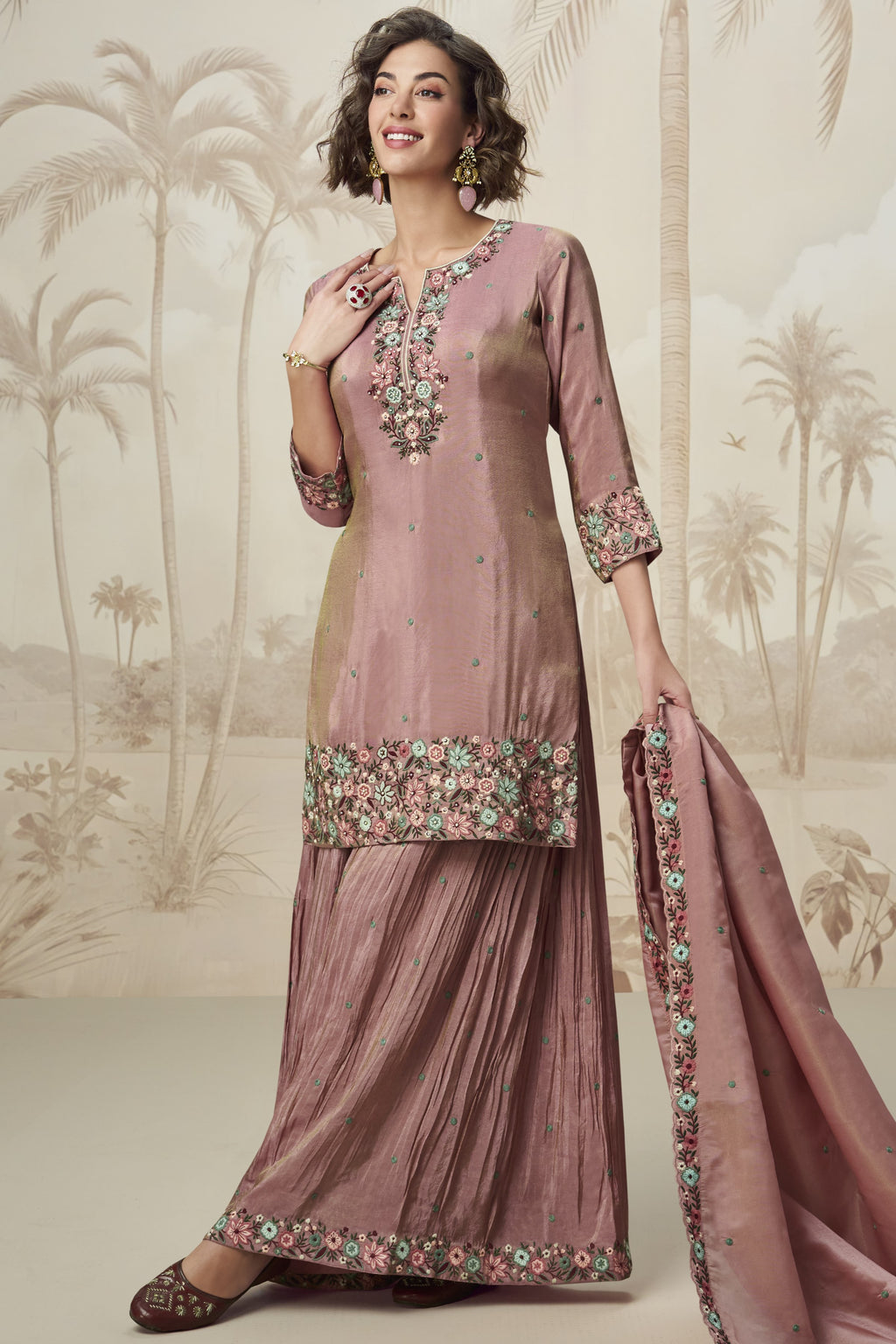 Rose Gold Organza Silk Palazzo Suit For Indian Wedding & Pakistani Festival - Embroidery Work