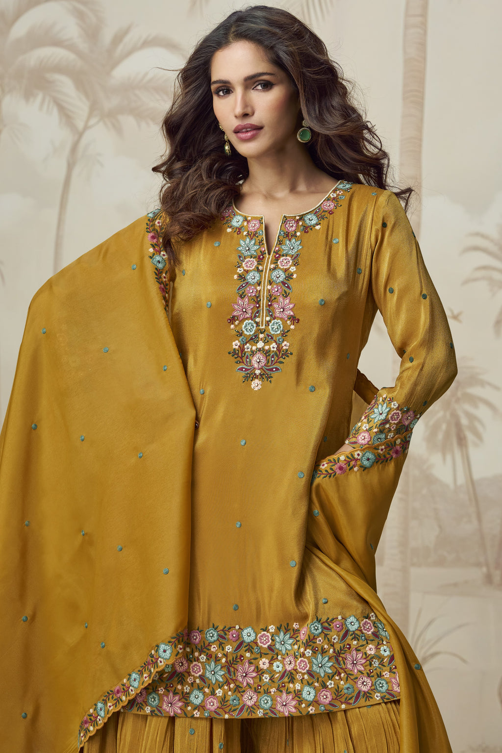 Mustard Yellow Organza Silk Palazzo Suit For Indian Wedding & Pakistani Festival - Embroidery Work