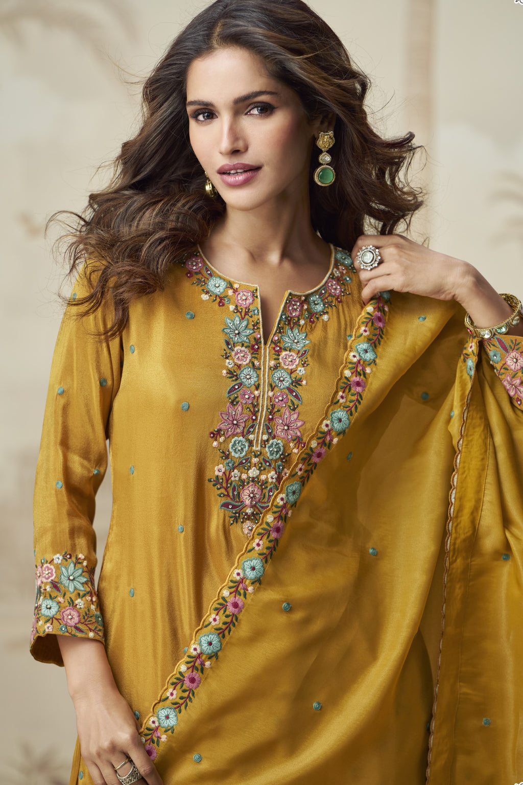 Mustard Yellow Organza Silk Palazzo Suit For Indian Wedding & Pakistani Festival - Embroidery Work