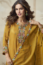 Mustard Yellow Organza Silk Palazzo Suit For Indian Wedding & Pakistani Festival - Embroidery Work