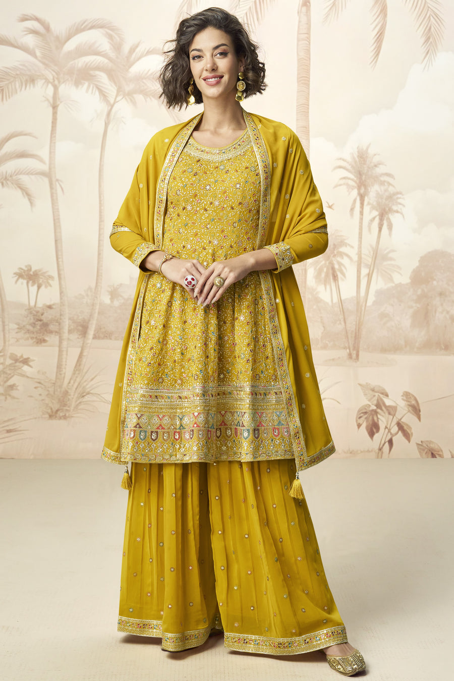 Mustard Yellow Georgette Palazzo Suit For Indian & Pakistani Wedding Festival - Embroidery Work