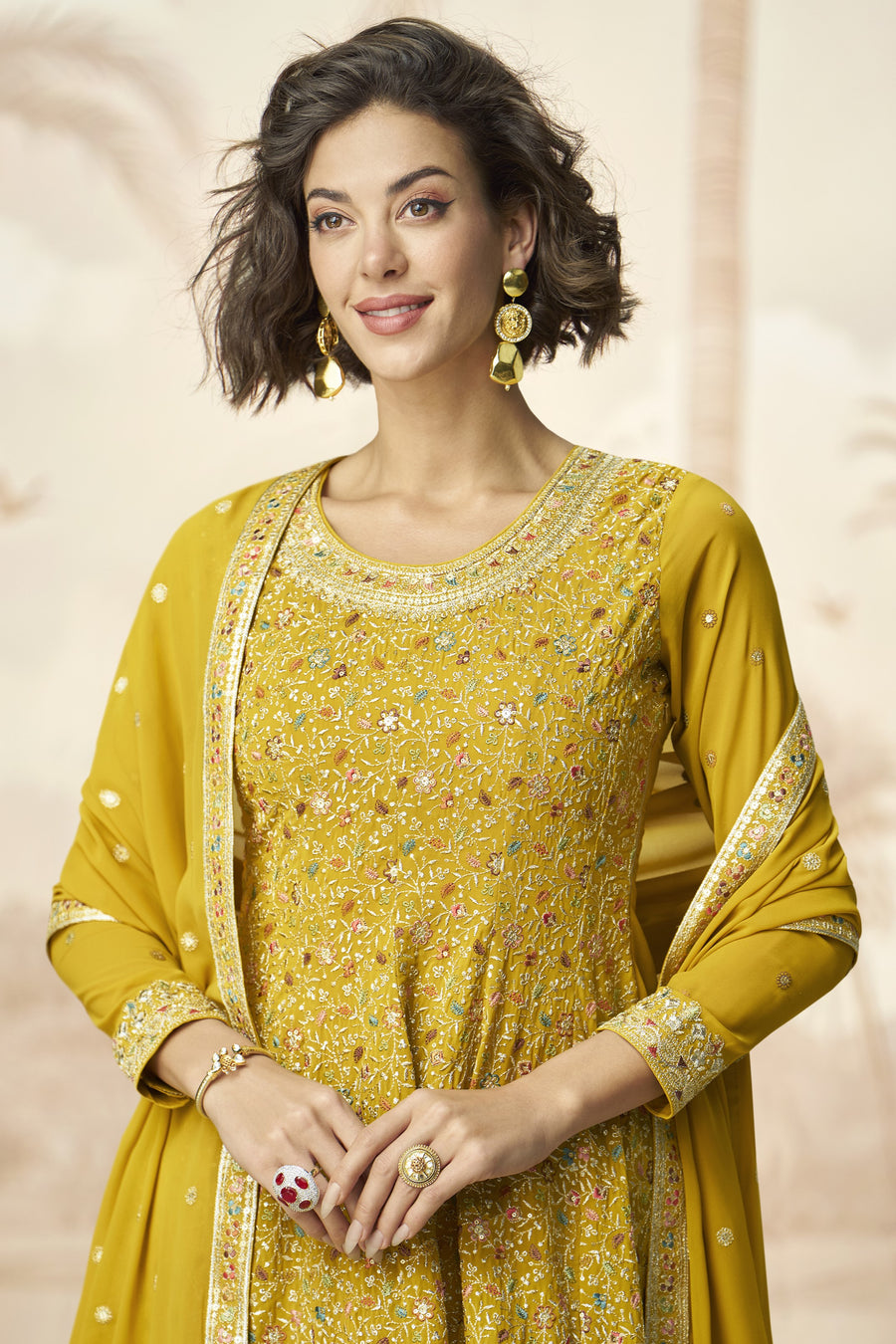 Mustard Yellow Georgette Palazzo Suit For Indian & Pakistani Wedding Festival - Embroidery Work