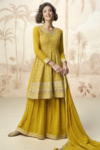 Mustard Yellow Georgette Palazzo Suit For Indian & Pakistani Wedding Festival - Embroidery Work