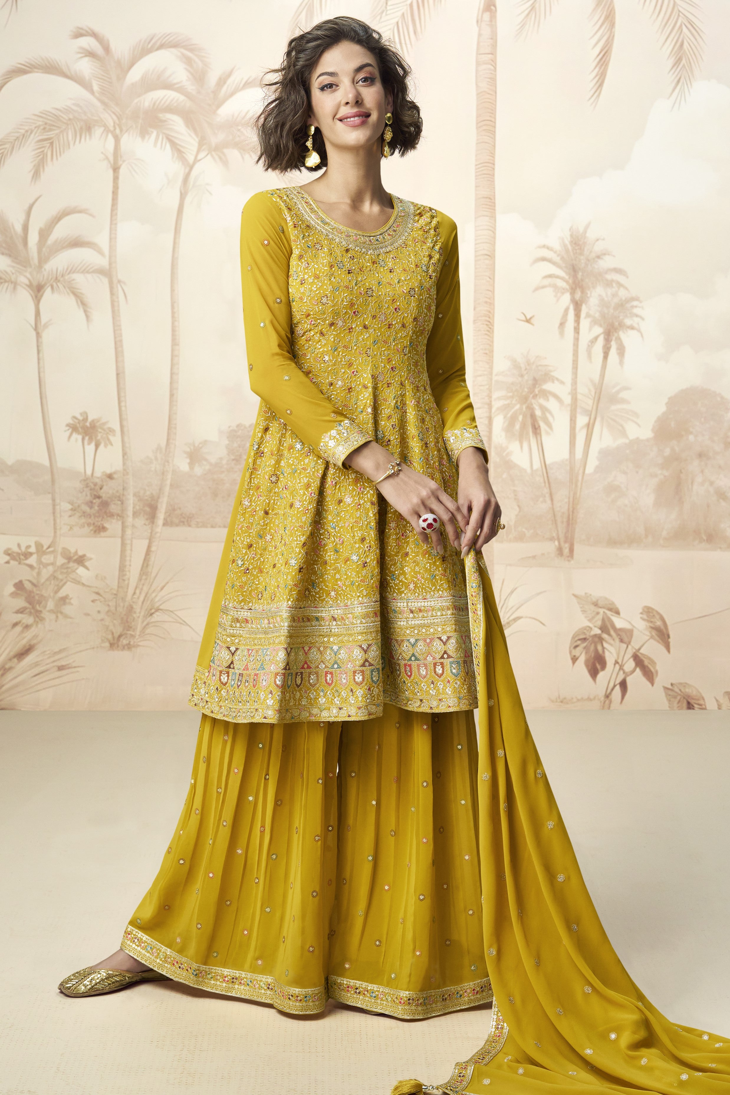 Mustard Yellow Georgette Palazzo Suit For Indian & Pakistani Wedding Festival - Embroidery Work