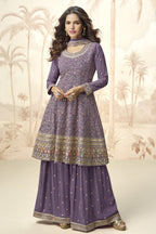 Purple Georgette Palazzo Suit For Indian & Pakistani Wedding Festival - Embroidery Work