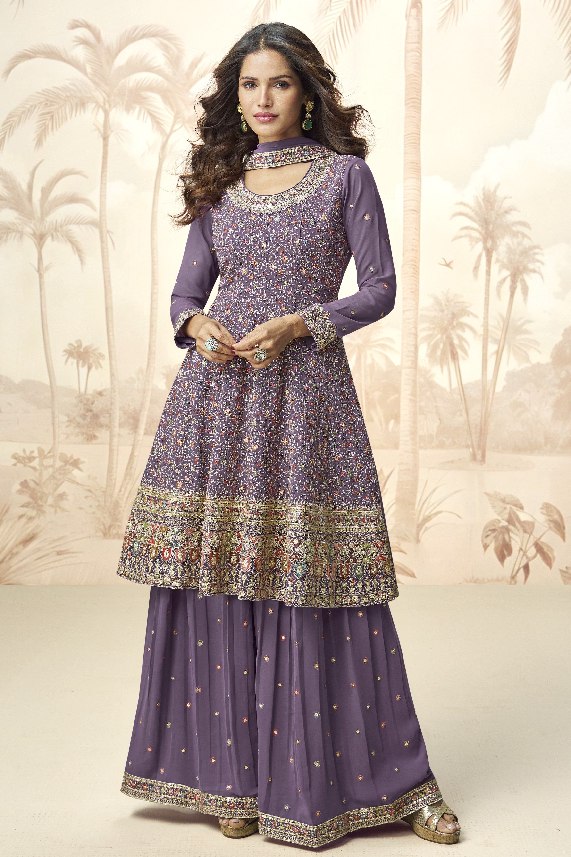 Purple Georgette Palazzo Suit For Indian & Pakistani Wedding Festival - Embroidery Work