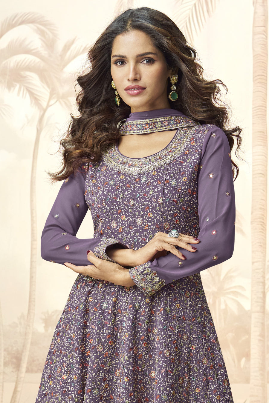Purple Georgette Palazzo Suit For Indian & Pakistani Wedding Festival - Embroidery Work