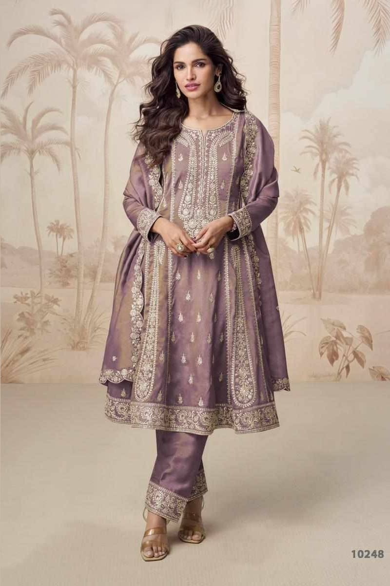 Mauve Purple Simmer Silk Kameez With Pant For Indian & Pakistani Wedding Festival - Embroidery Work