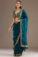 Teal Tissue Saree with Stitched Blouse in Sequin Zari & Pearl Work