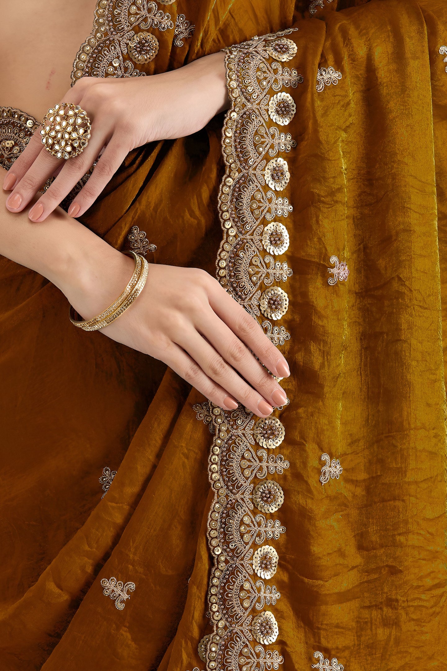 Gold Tissue Saree with Stitched Blouse in Pearl and Zari Work