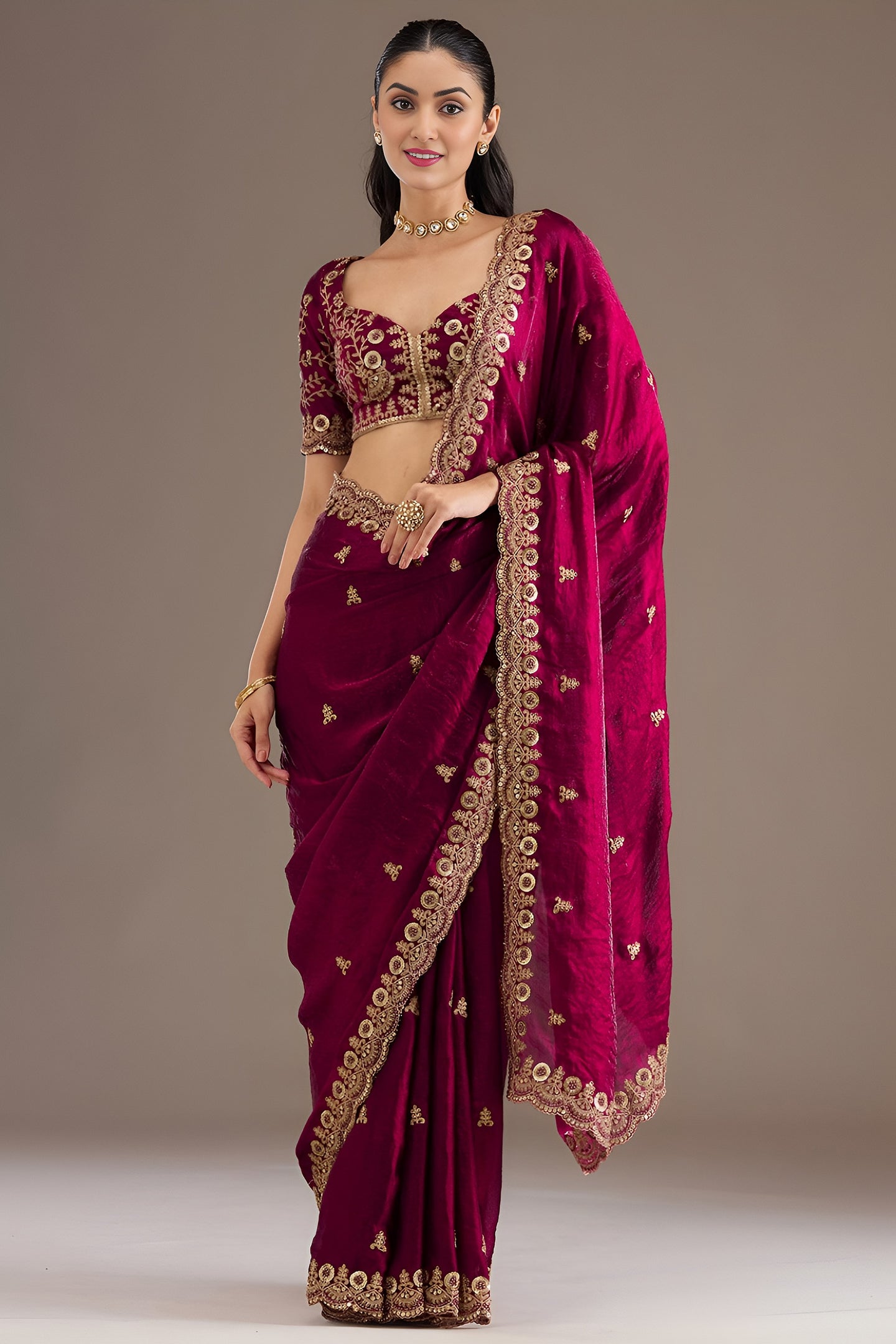 Magenta Tissue Saree with Stitched Blouse and Intricate Sequin Zari Pearl Work