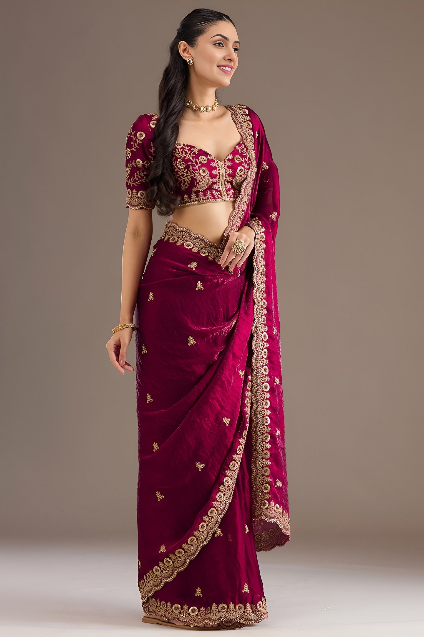 Magenta Tissue Saree with Stitched Blouse and Intricate Sequin Zari Pearl Work
