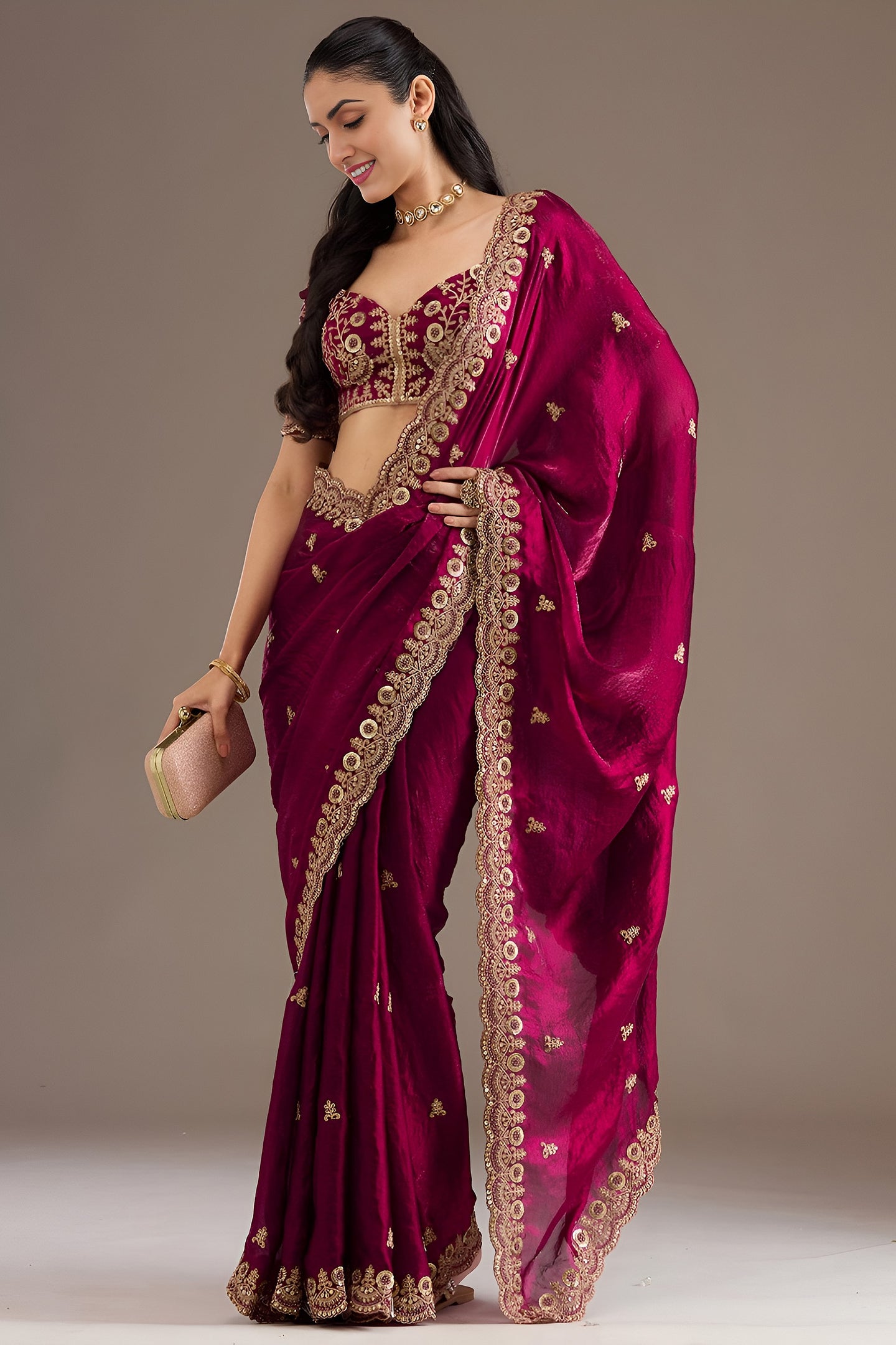 Magenta Tissue Saree with Stitched Blouse and Intricate Sequin Zari Pearl Work