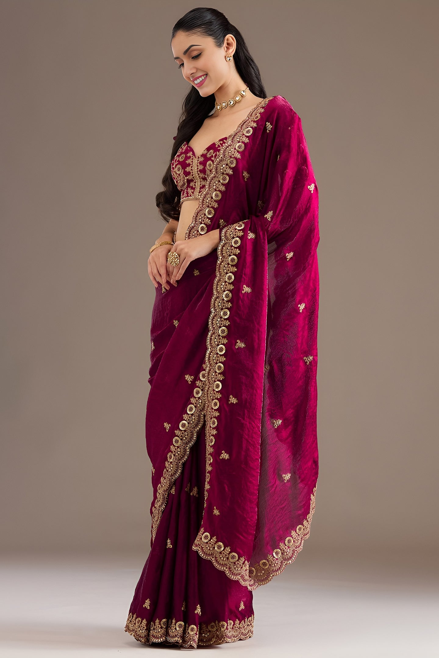 Magenta Tissue Saree with Stitched Blouse and Intricate Sequin Zari Pearl Work