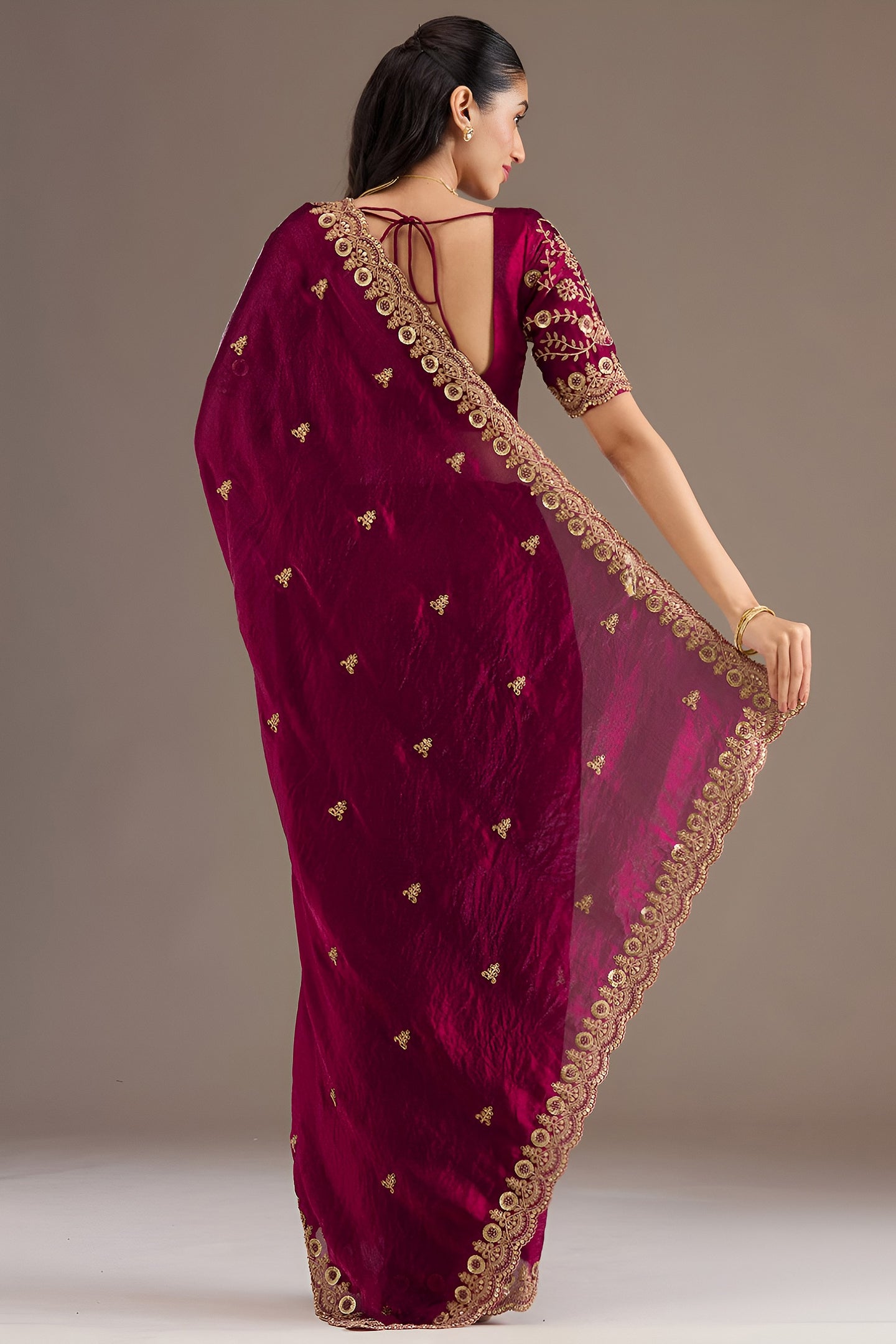 Magenta Tissue Saree with Stitched Blouse and Intricate Sequin Zari Pearl Work
