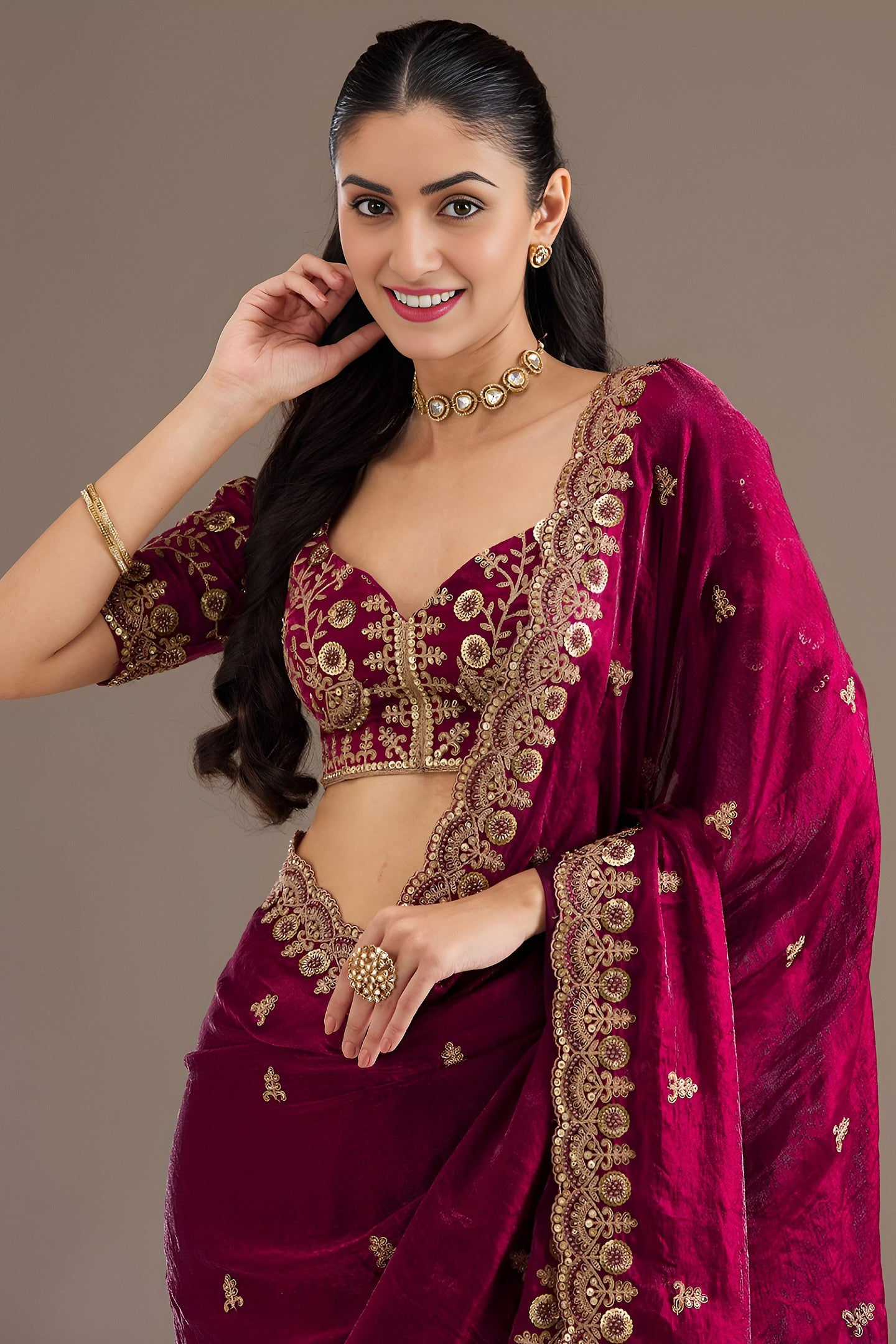 Magenta Tissue Saree with Stitched Blouse and Intricate Sequin Zari Pearl Work