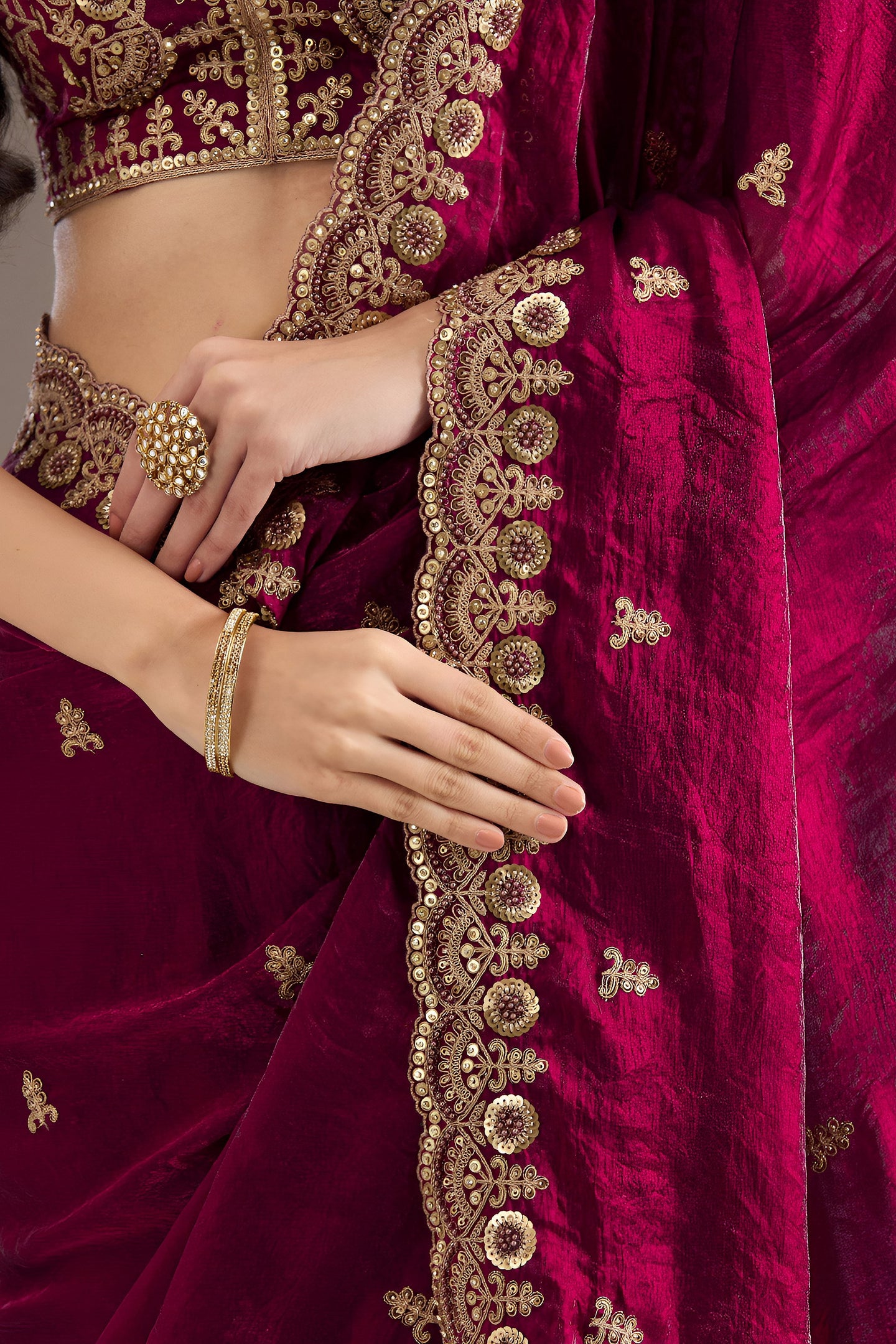 Magenta Tissue Saree with Stitched Blouse and Intricate Sequin Zari Pearl Work