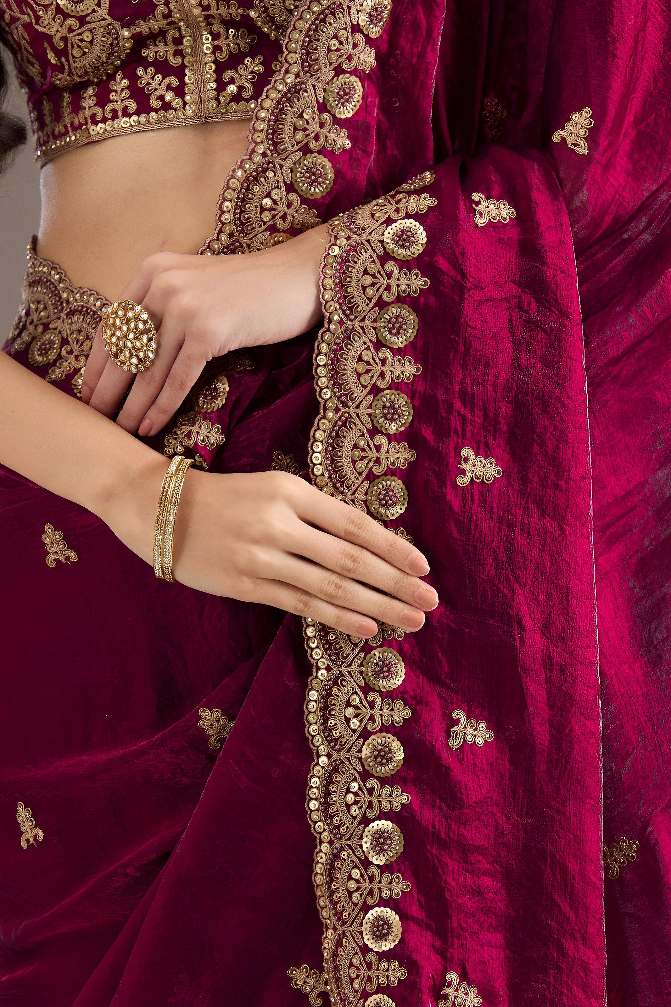 Magenta Tissue Saree with Stitched Blouse and Intricate Sequin Zari Pearl Work