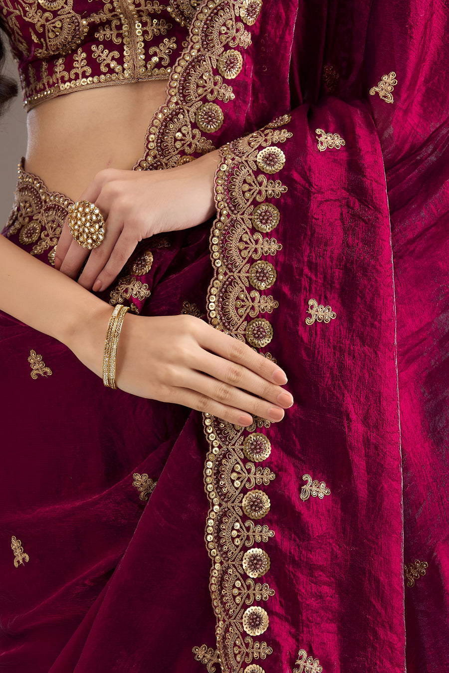 Magenta Tissue Saree with Stitched Blouse and Intricate Sequin Zari Pearl Work