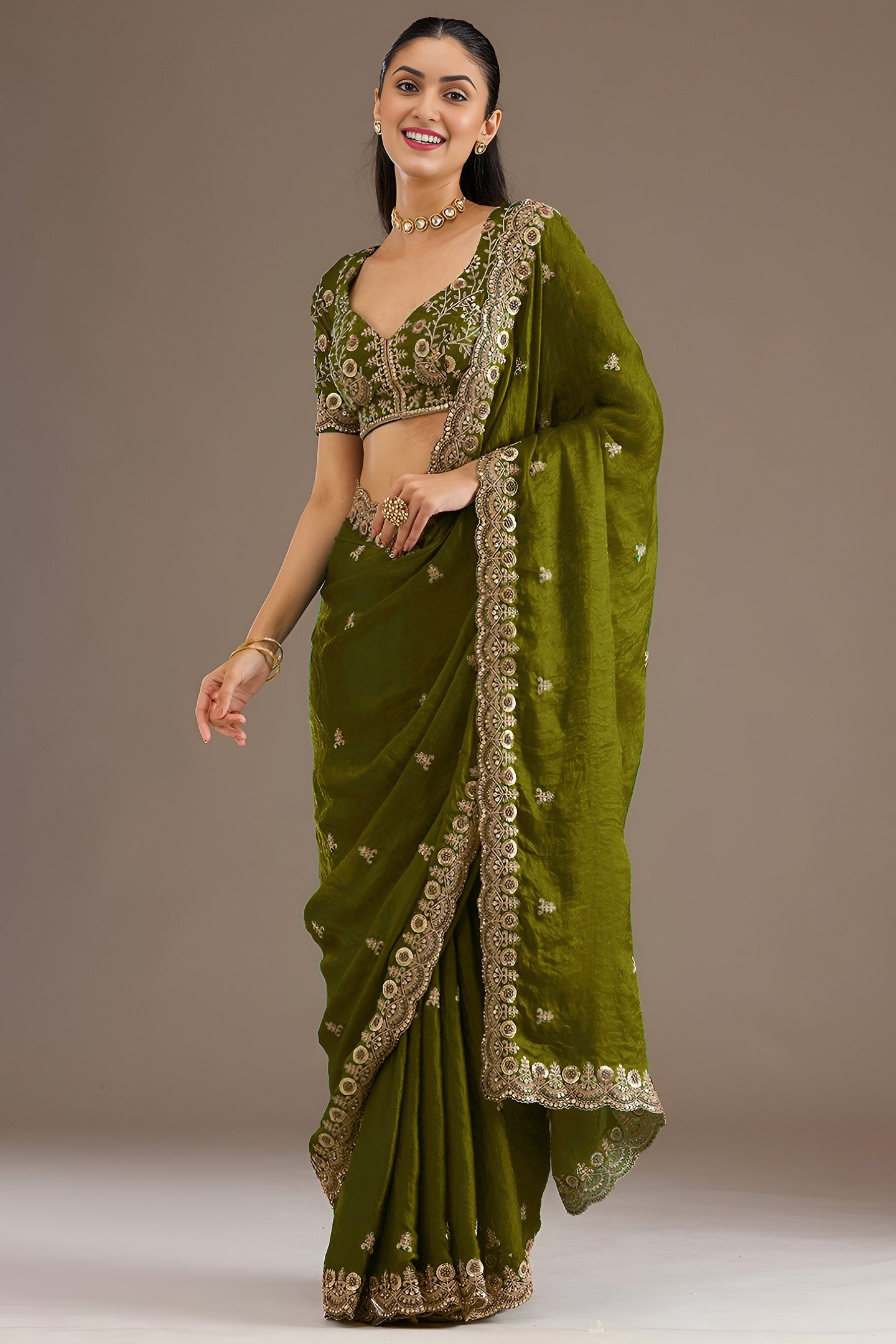 Olive Tissue Saree with Stitched Blouse and Pearl Work