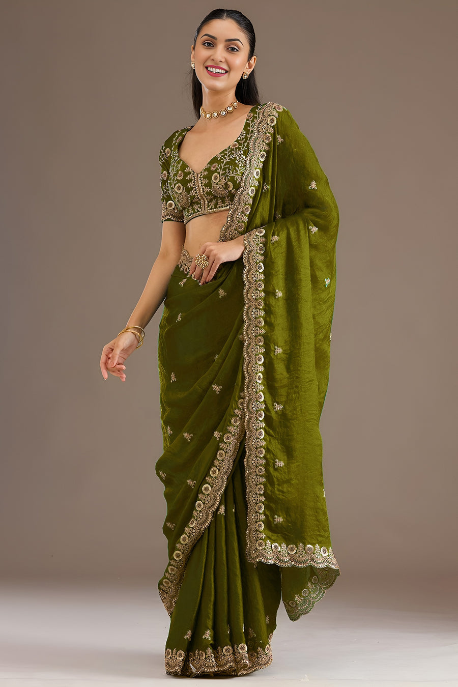 Olive Tissue Saree with Stitched Blouse and Pearl Work
