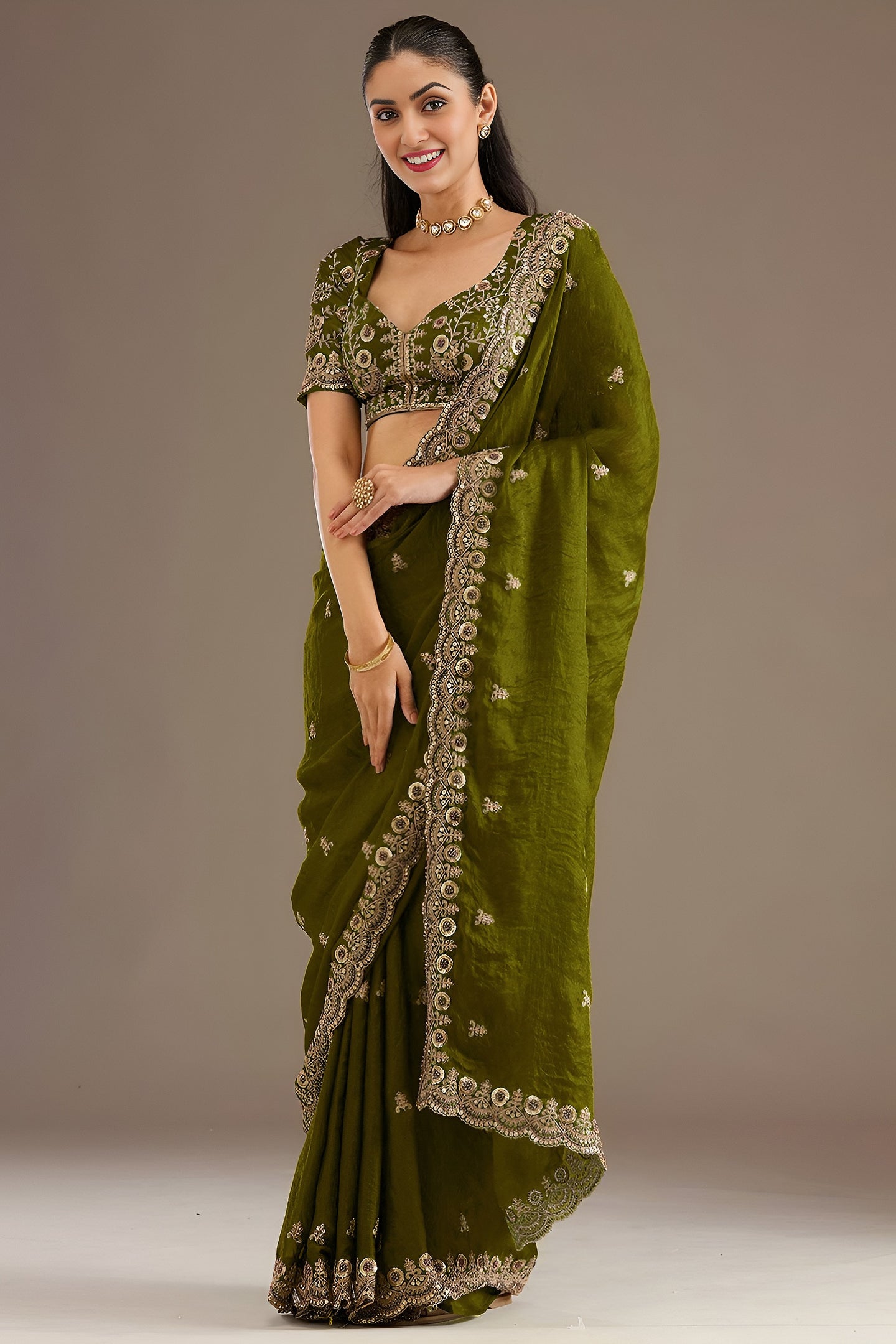 Olive Tissue Saree with Stitched Blouse and Pearl Work