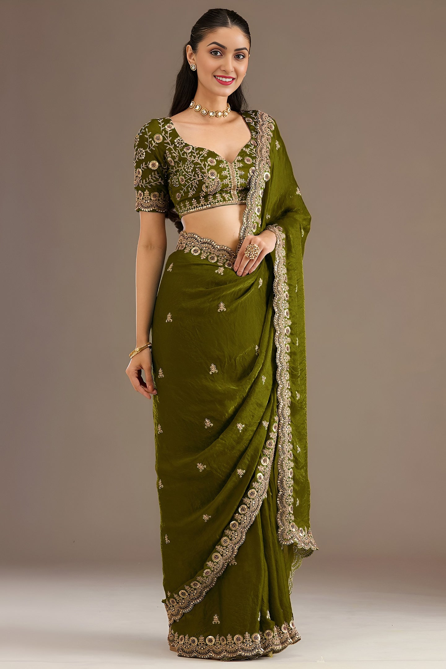 Olive Tissue Saree with Stitched Blouse and Pearl Work