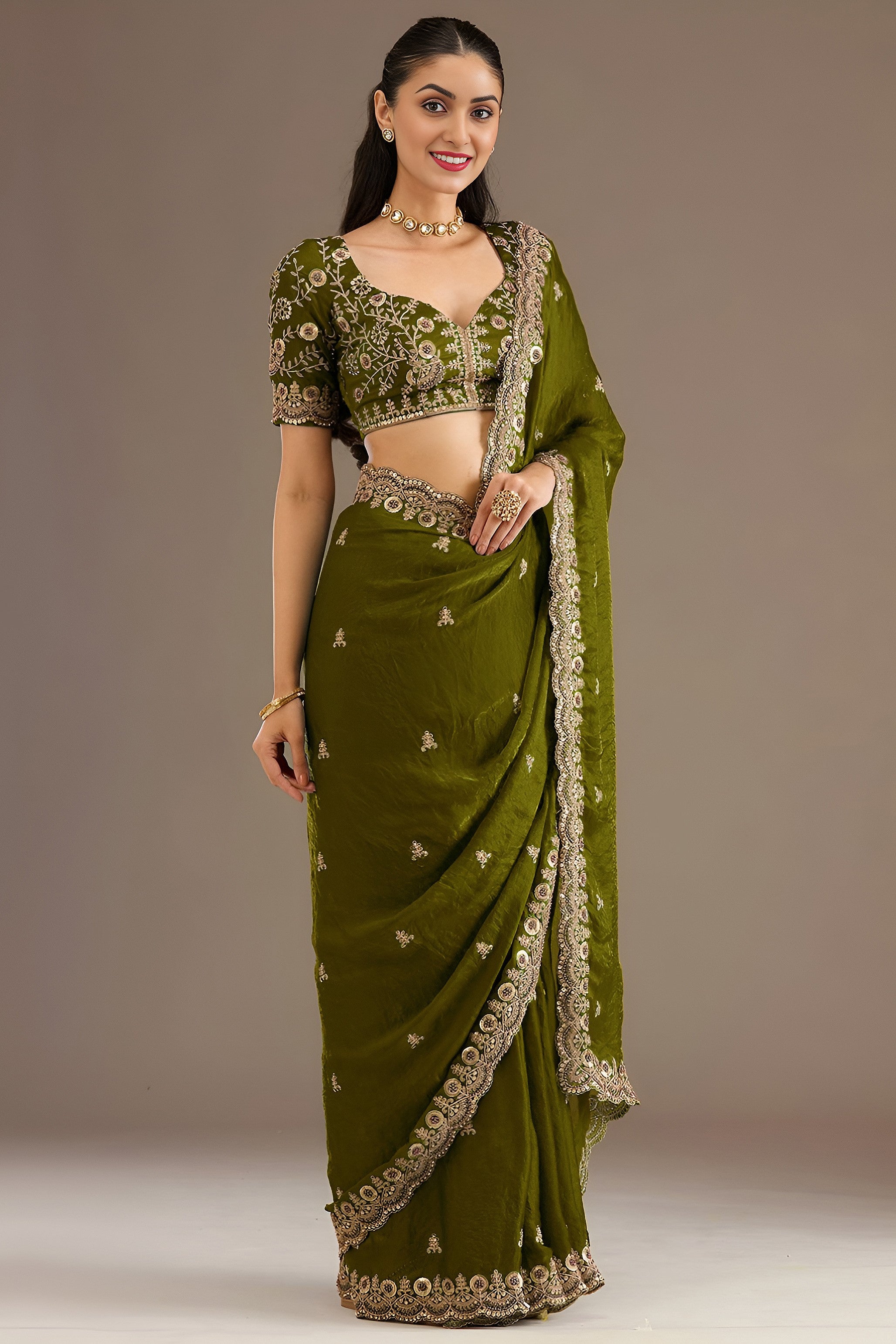 Olive Tissue Saree with Stitched Blouse and Pearl Work