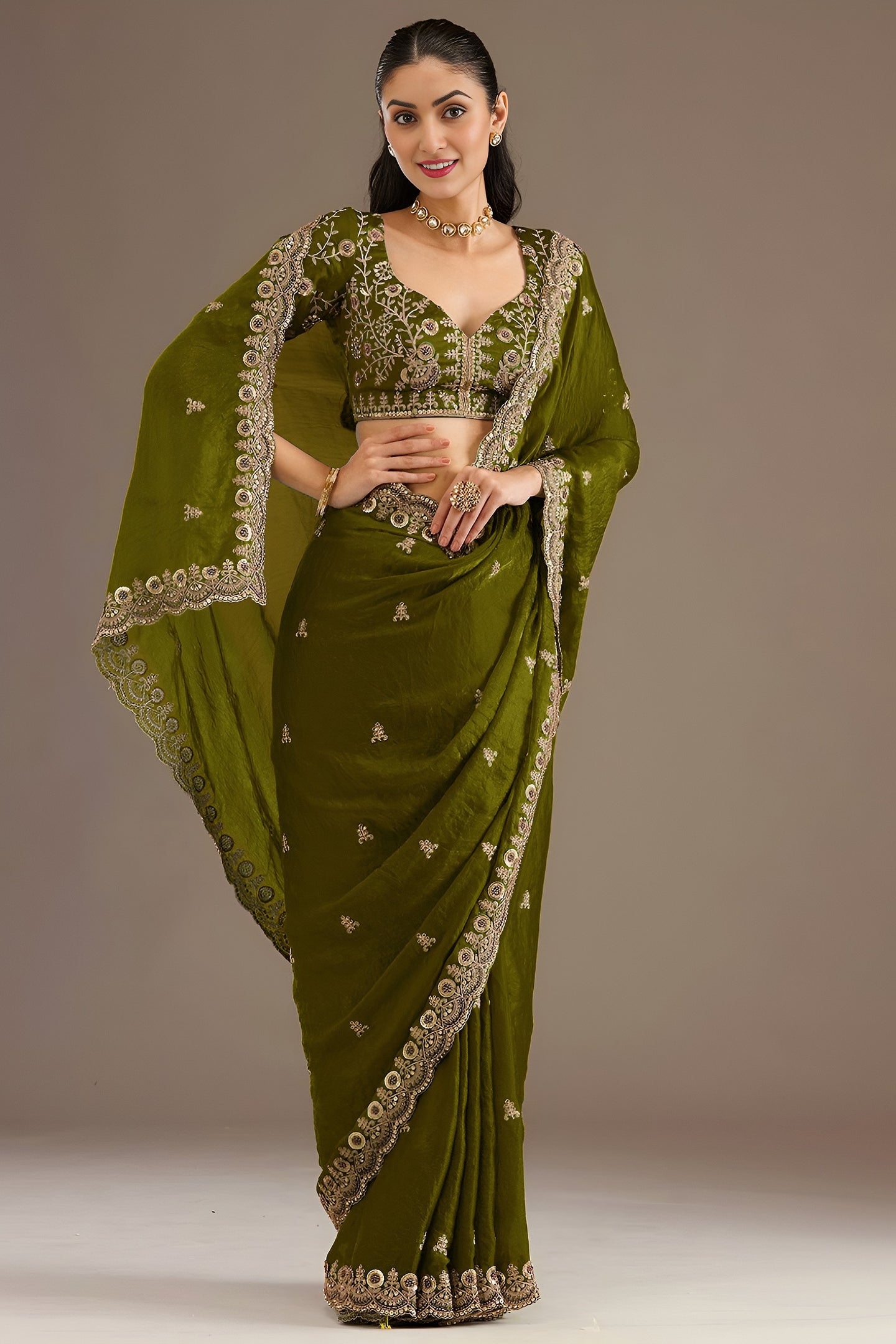Olive Tissue Saree with Stitched Blouse and Pearl Work