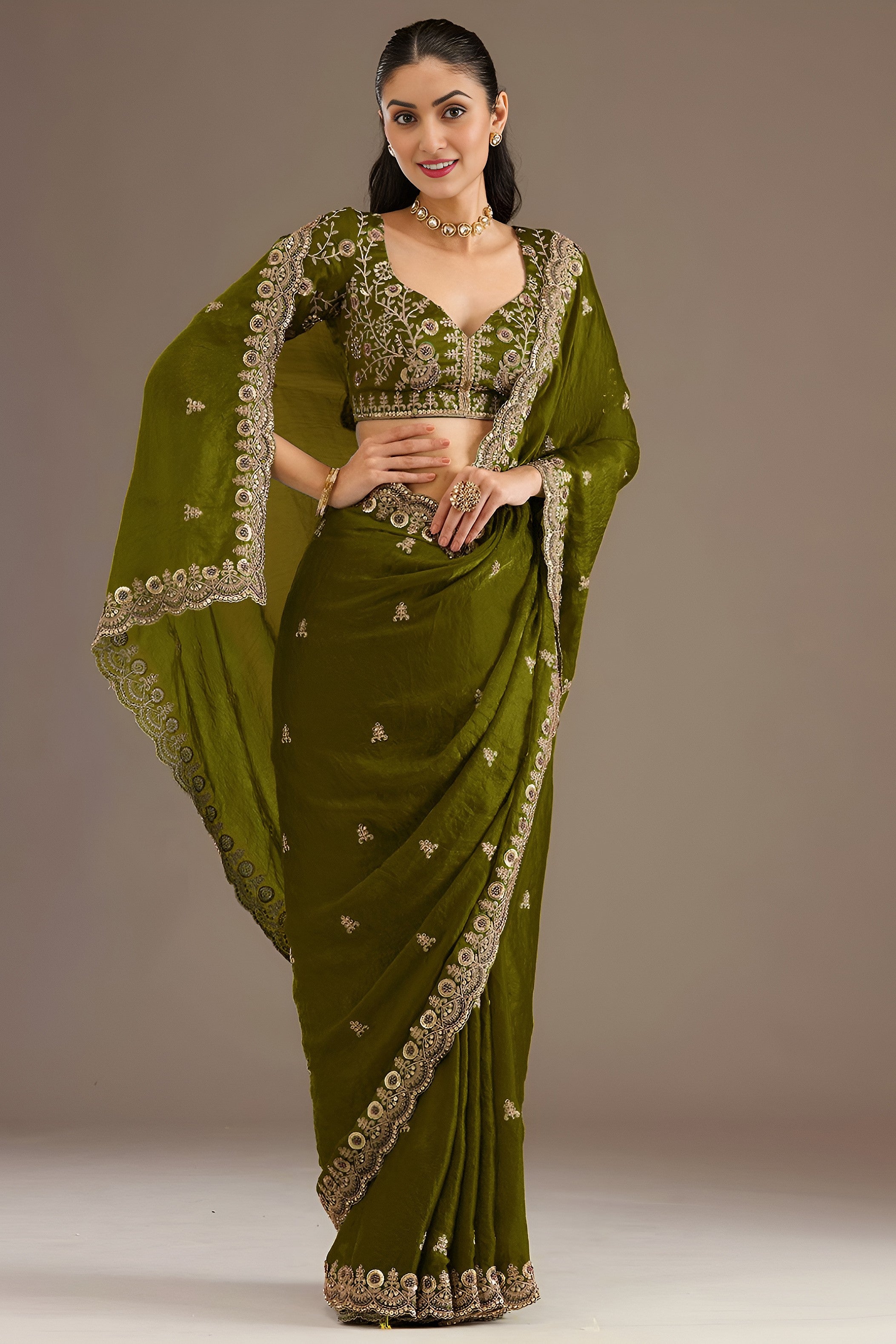 Olive Tissue Saree with Stitched Blouse and Pearl Work
