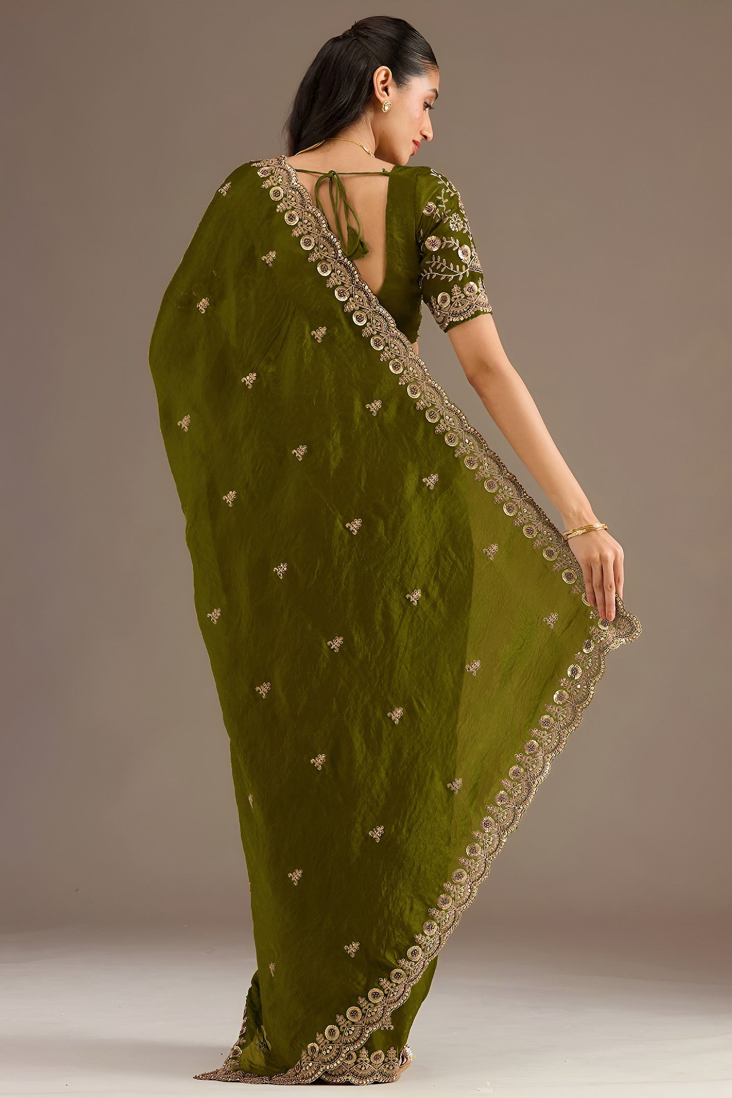 Olive Tissue Saree with Stitched Blouse and Pearl Work