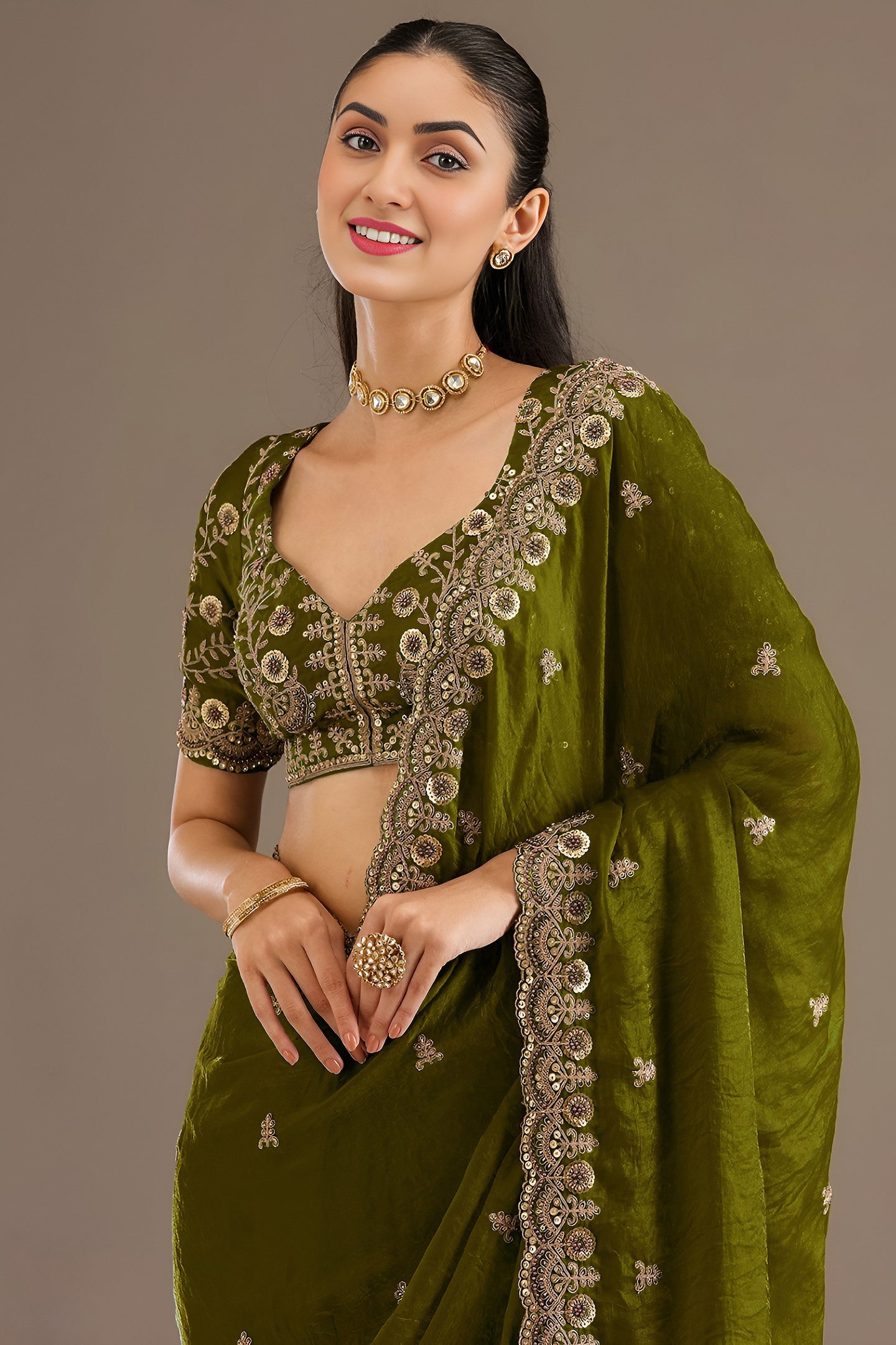 Olive Tissue Saree with Stitched Blouse and Pearl Work