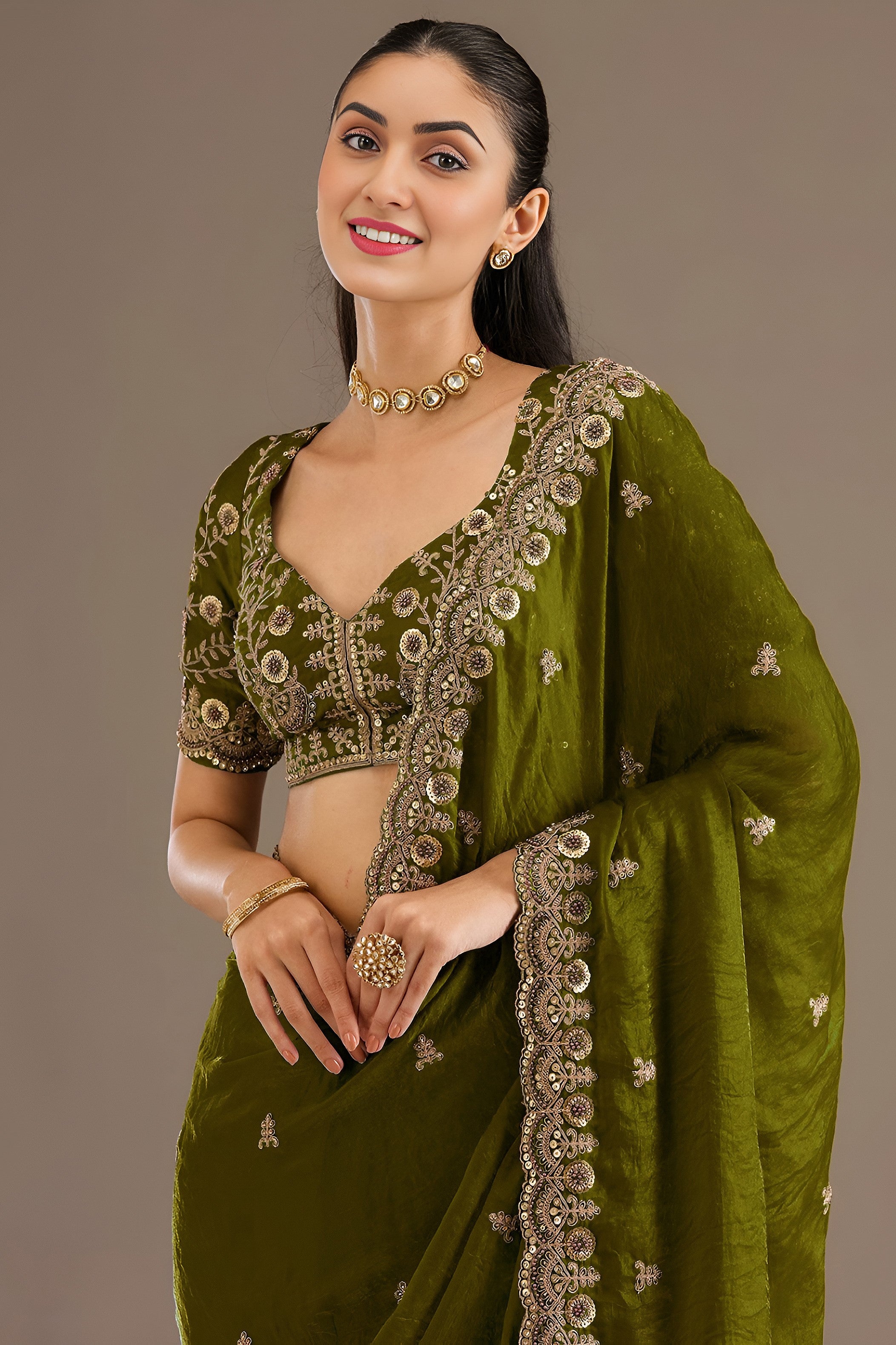 Olive Tissue Saree with Stitched Blouse and Pearl Work