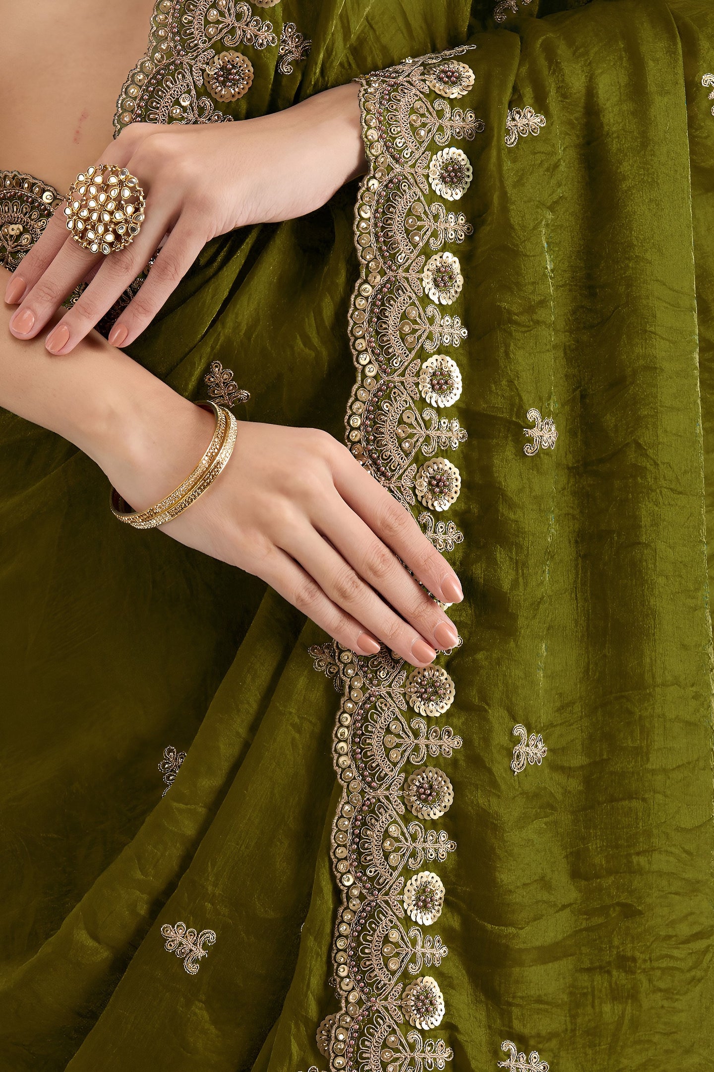 Olive Tissue Saree with Stitched Blouse and Pearl Work