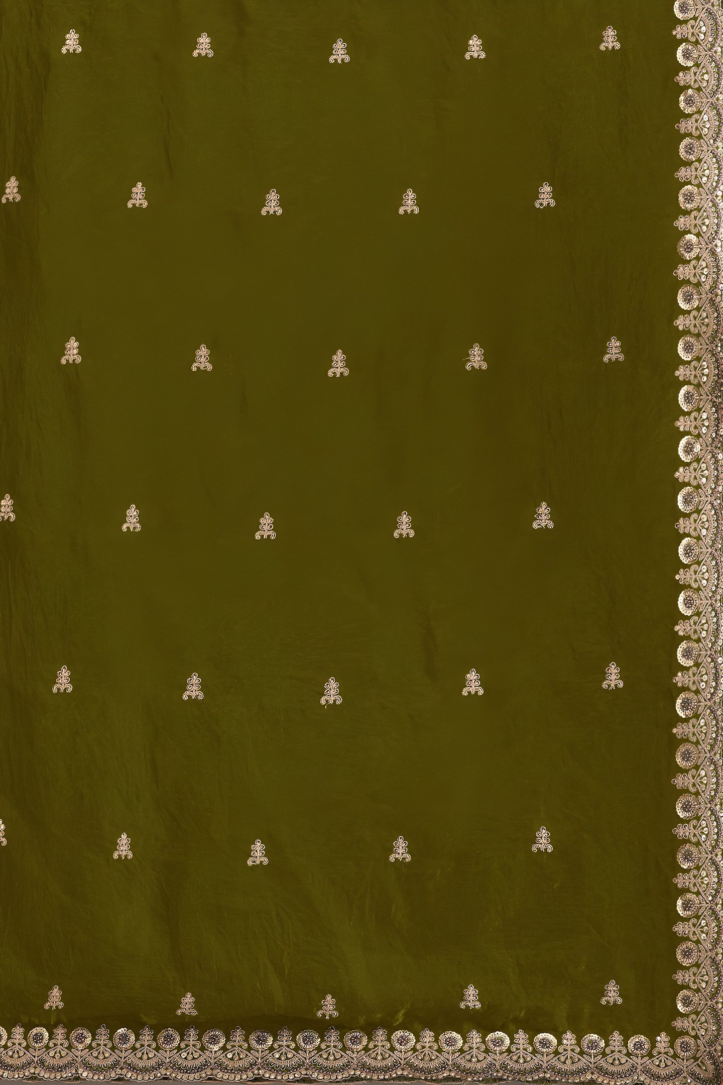 Olive Tissue Saree with Stitched Blouse and Pearl Work