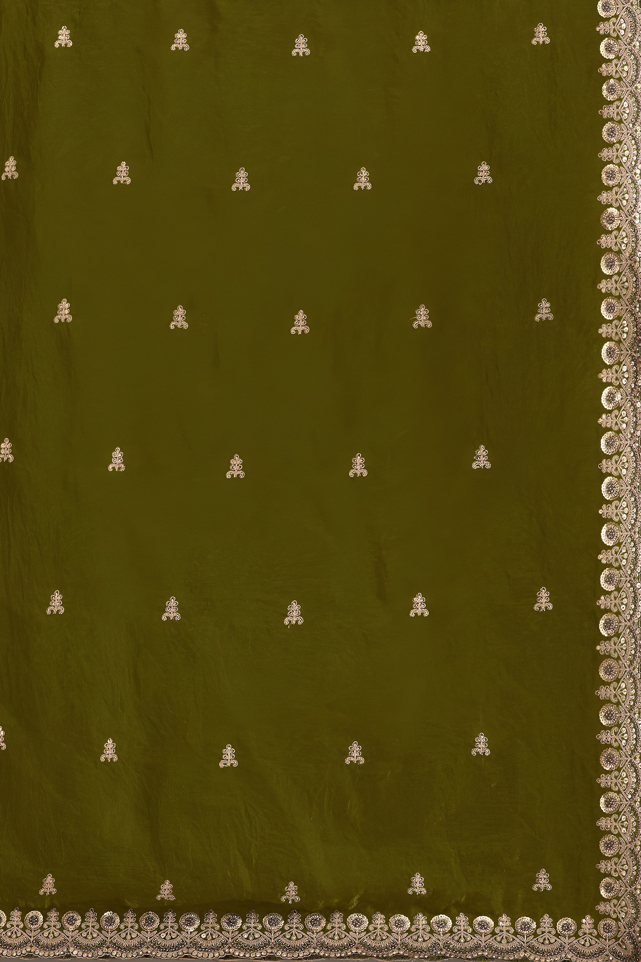 Olive Tissue Saree with Stitched Blouse and Pearl Work