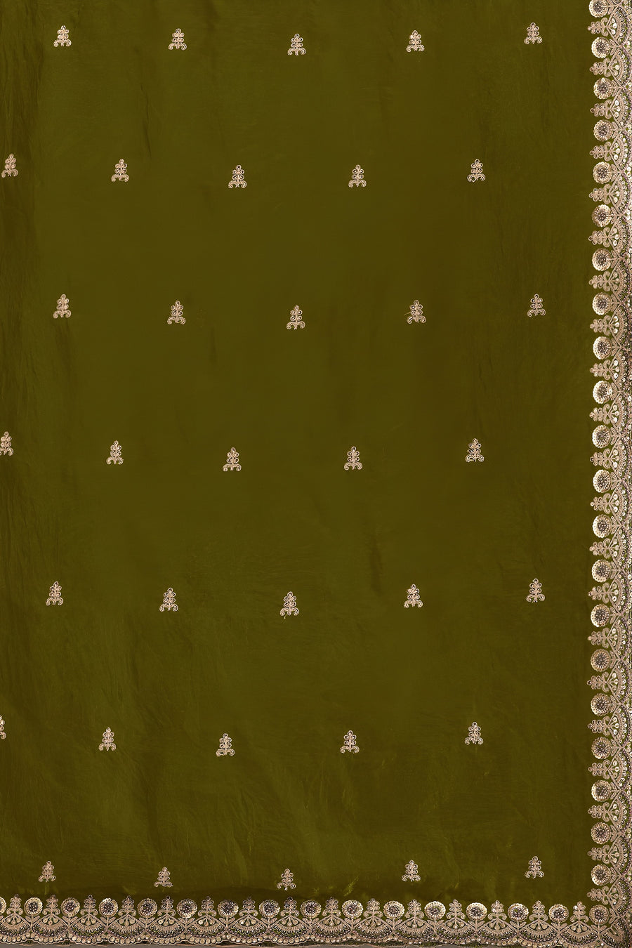 Olive Tissue Saree with Stitched Blouse and Pearl Work