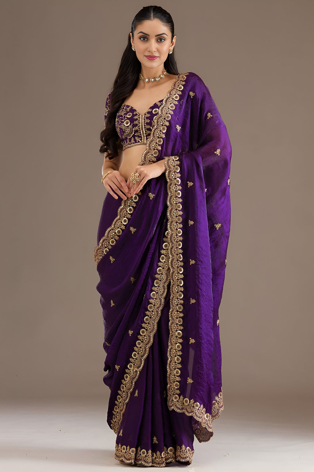 Purple Tissue Saree with Stitched Blouse in Sequin Zari and Pearl Work