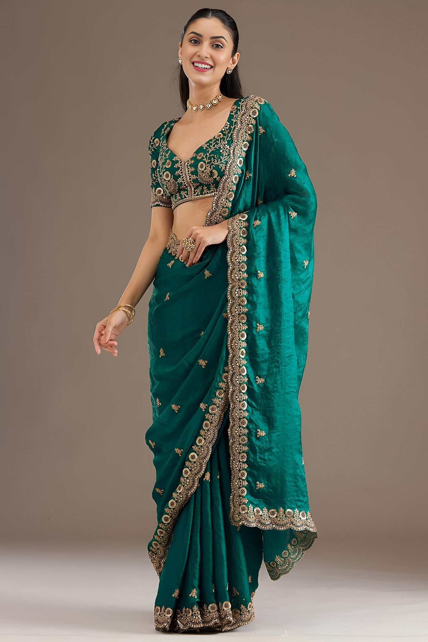 Rama Zari and Pearl Work Tissue Saree with Stitched Blouse