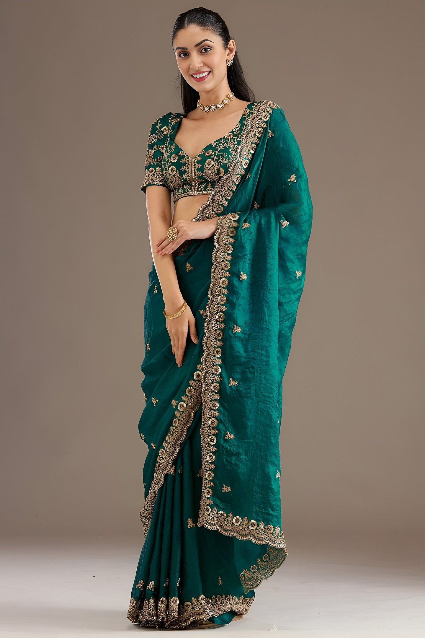 Rama Zari and Pearl Work Tissue Saree with Stitched Blouse