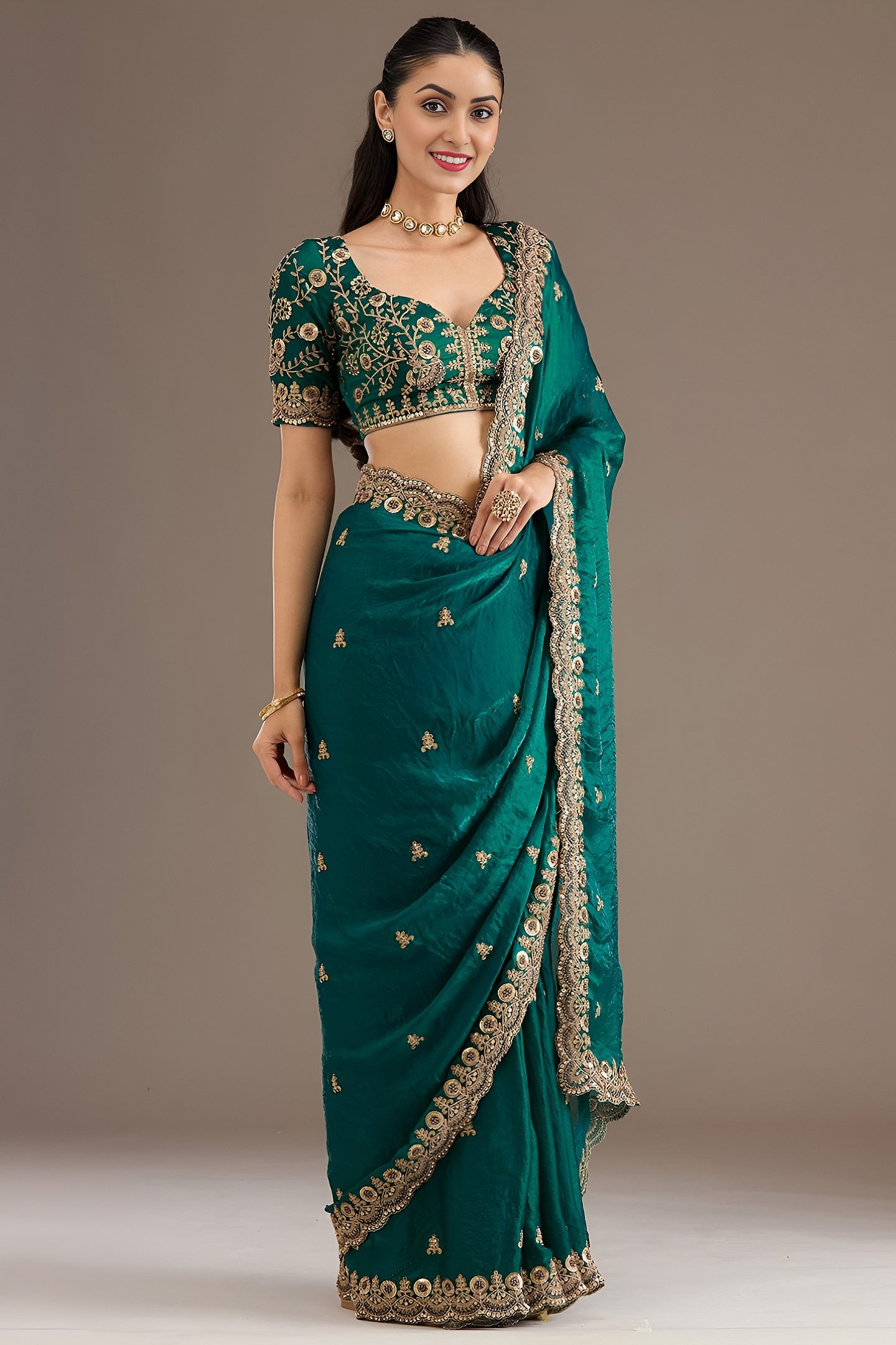 Rama Zari and Pearl Work Tissue Saree with Stitched Blouse