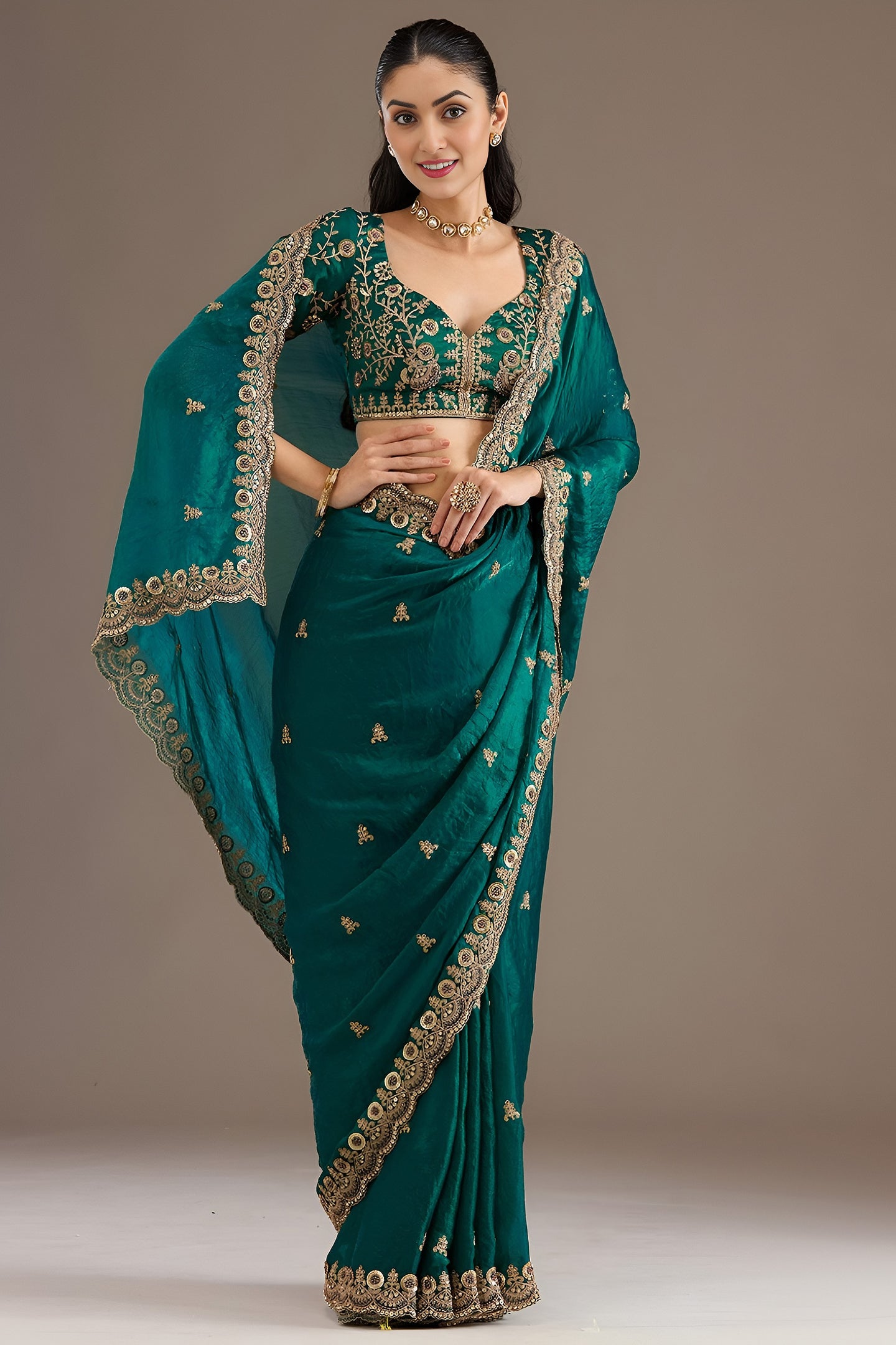 Rama Zari and Pearl Work Tissue Saree with Stitched Blouse