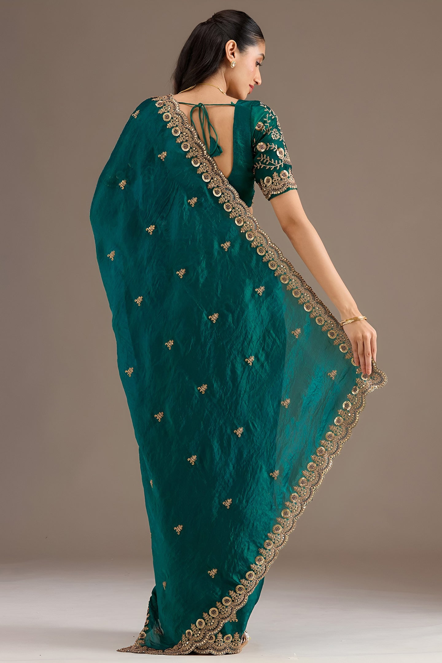 Rama Zari and Pearl Work Tissue Saree with Stitched Blouse