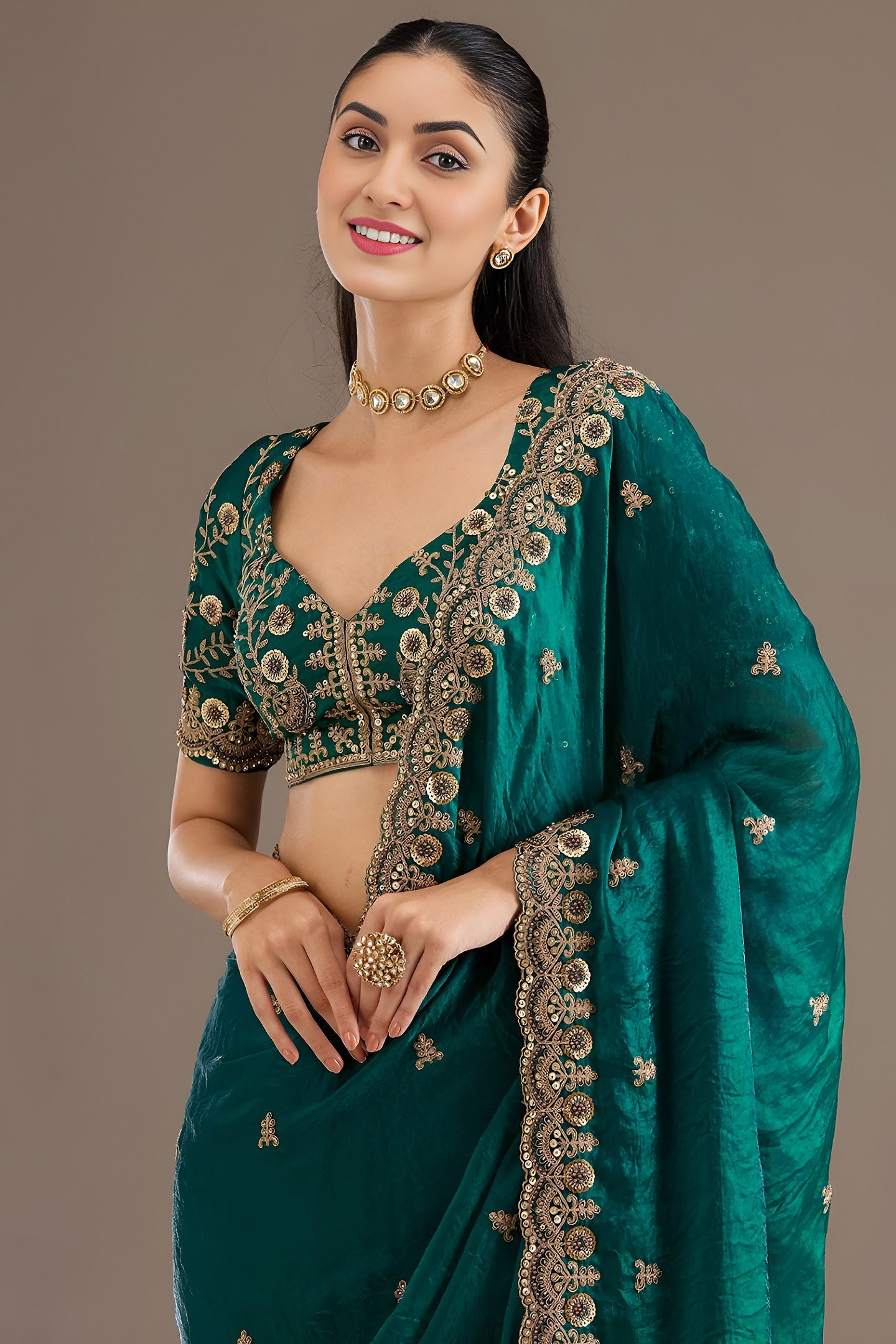 Rama Zari and Pearl Work Tissue Saree with Stitched Blouse